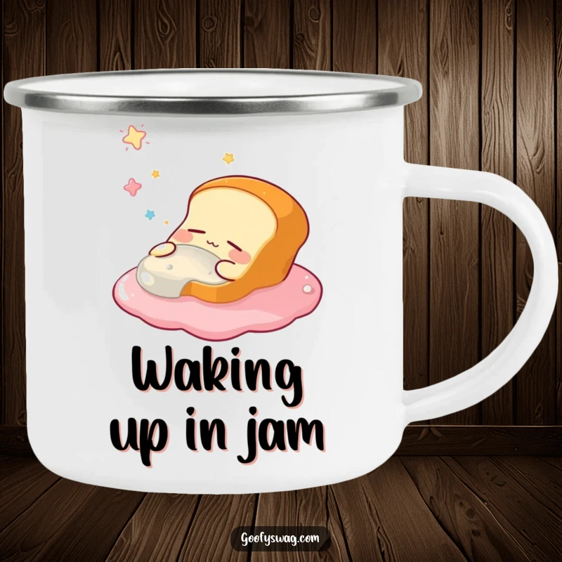 Funny camping mug showcasing a sleepy bread loaf character dreaming of floating in jelly, durable and humorous for outdoor enthusiasts.