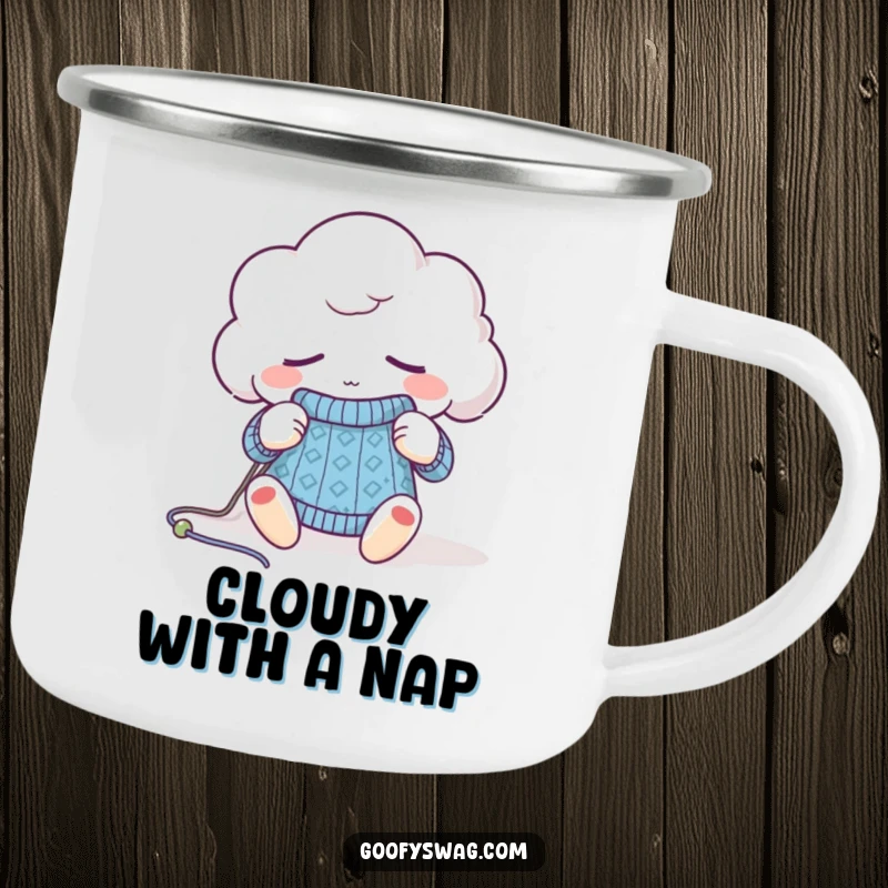 Funny sleepy cloud knitting camping mug, a durable mug with a charming, sleepy character, perfect for outdoor relaxation.