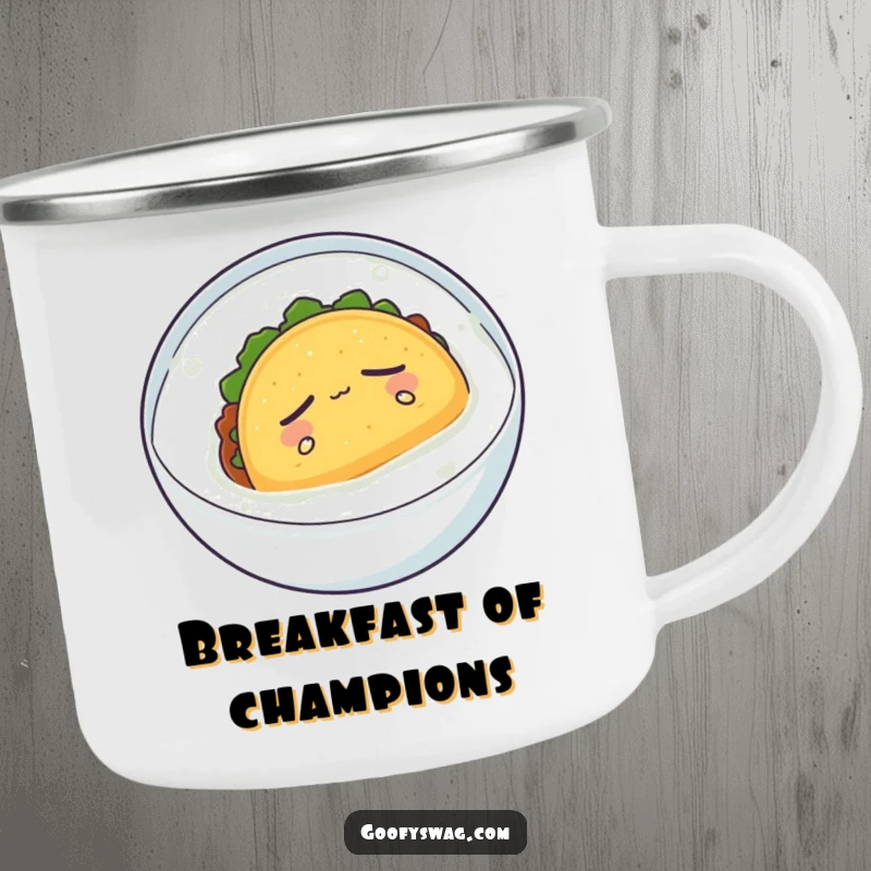 Funny camping mug with a sleepy taco floating serenely in milk, rugged and humorous design for peaceful mornings.