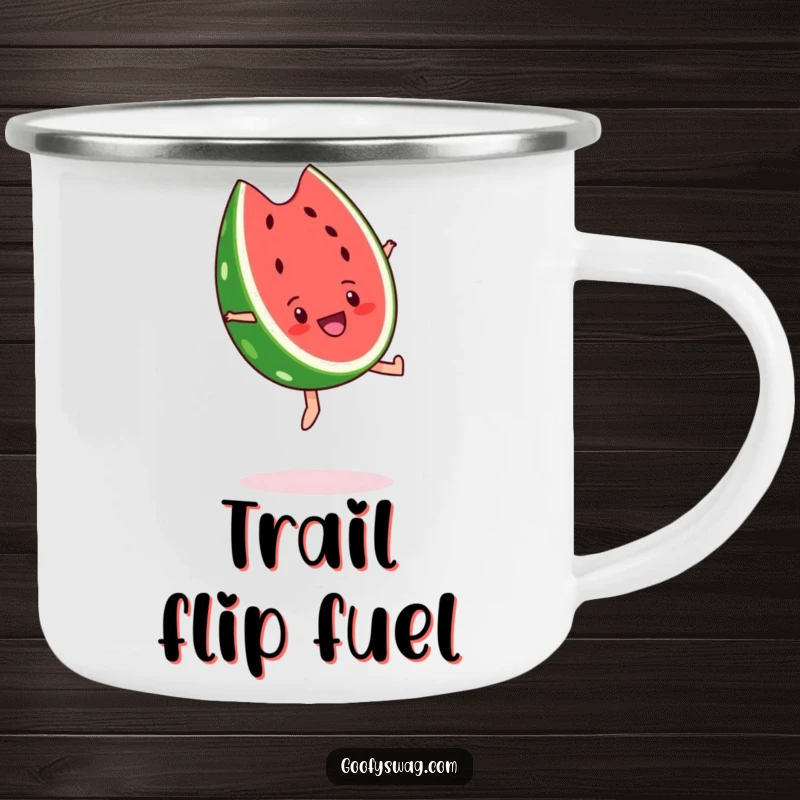 Funny watermelon slice camping mug, mid-backflip with pure joy. Durable and humorous drinkware for outdoor enthusiasts.