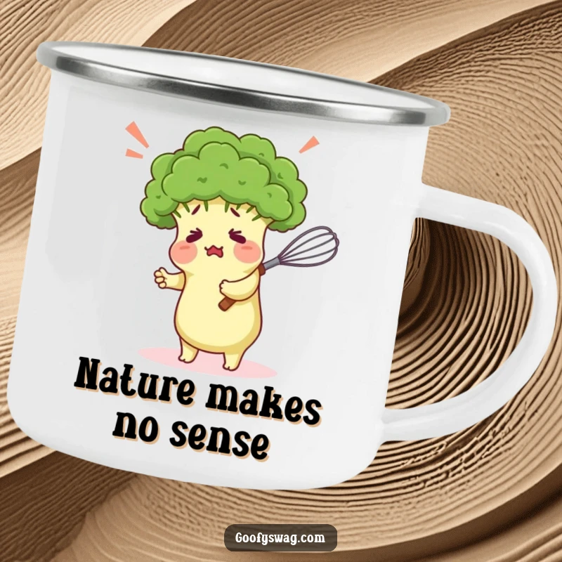 Funny camping mug showing a confused broccoli floret comically hugging a kitchen whisk, great for outdoor enthusiasts who appreciate humor.