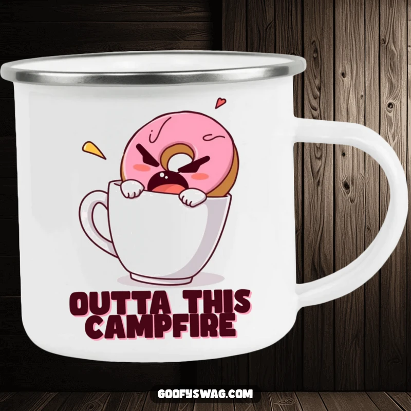 Funny camping mug showing a grumpy donut making a fast escape from a coffee mug, perfect for rugged, humorous trips.