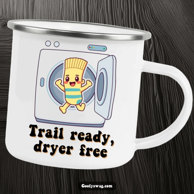 Funny determined sock character breaking out of a dryer, on a durable camping mug.