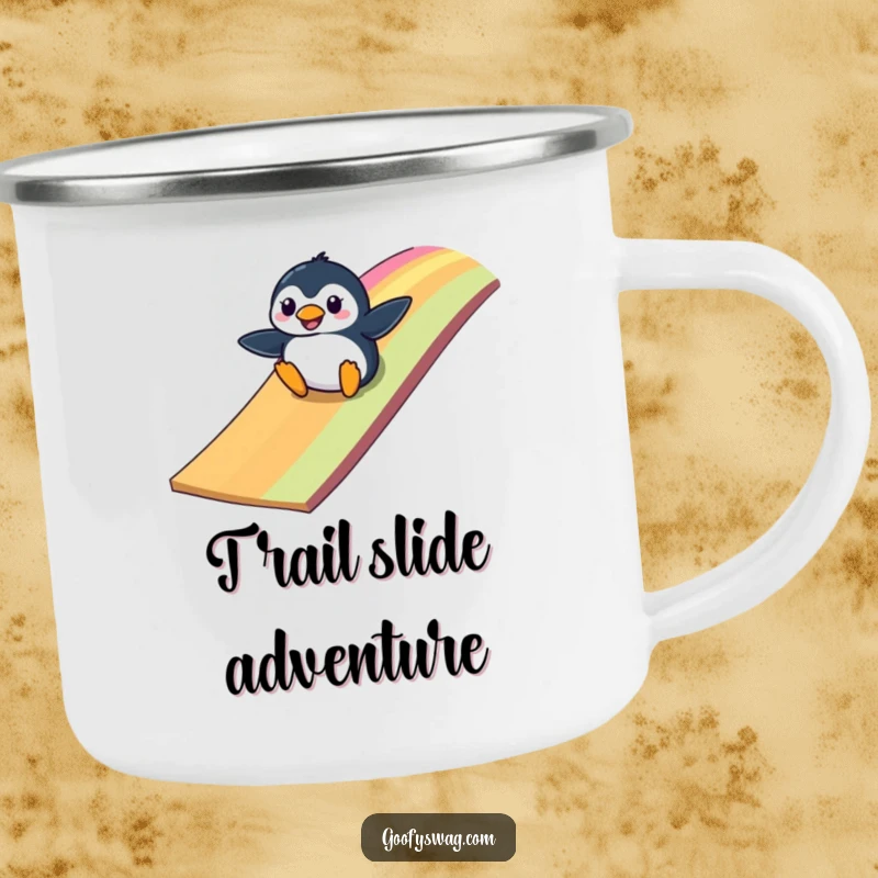 Funny clumsy penguin sliding down a vibrant rainbow ramp, a sturdy and humorous camping mug for outdoor lovers.