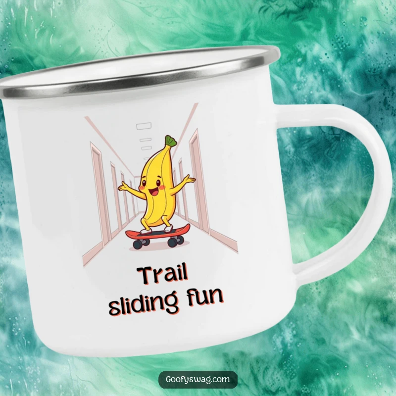 Funny camping mug showing a delighted banana peel skateboarding down a hallway, perfect for enjoying drinks during outdoor escapades.