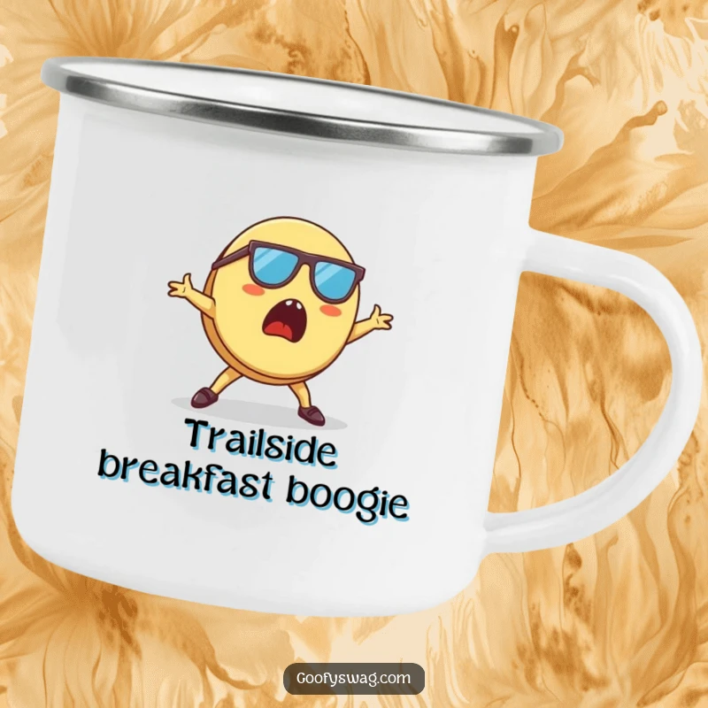 Funny Pancake Camping Mug with a surprised pancake in sunglasses breakdancing, perfect for outdoor coffee or tea.
