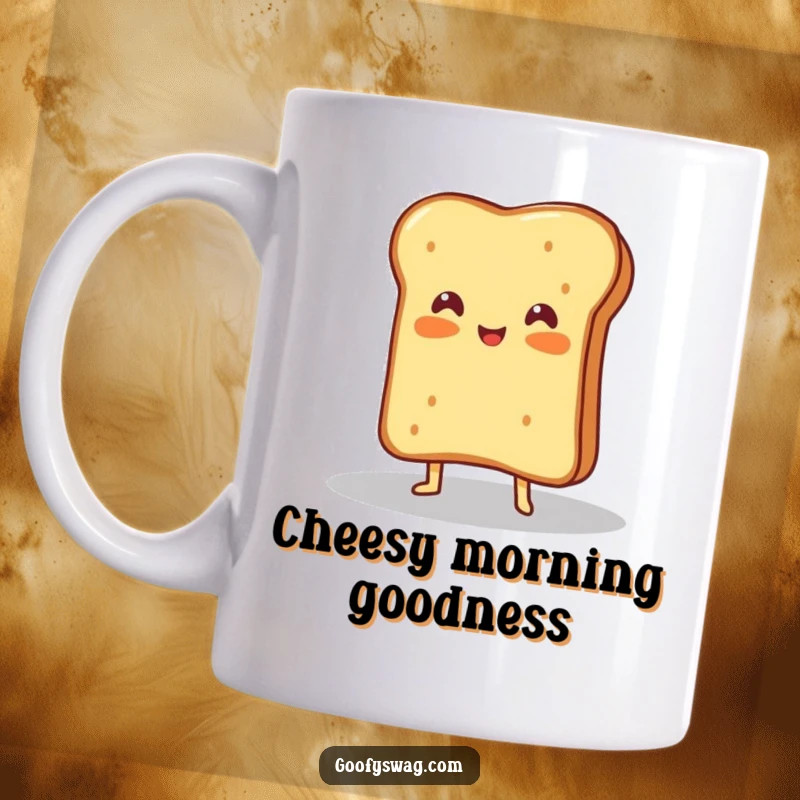 Funny mug depicting a proud grilled cheese sandwich dramatically posing under a spotlight, radiating cheesy confidence.