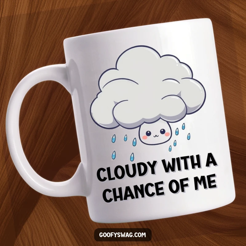 Funny shy rain drop character peeking from behind a big thunder cloud on a ceramic mug, perfect for a rainy day.