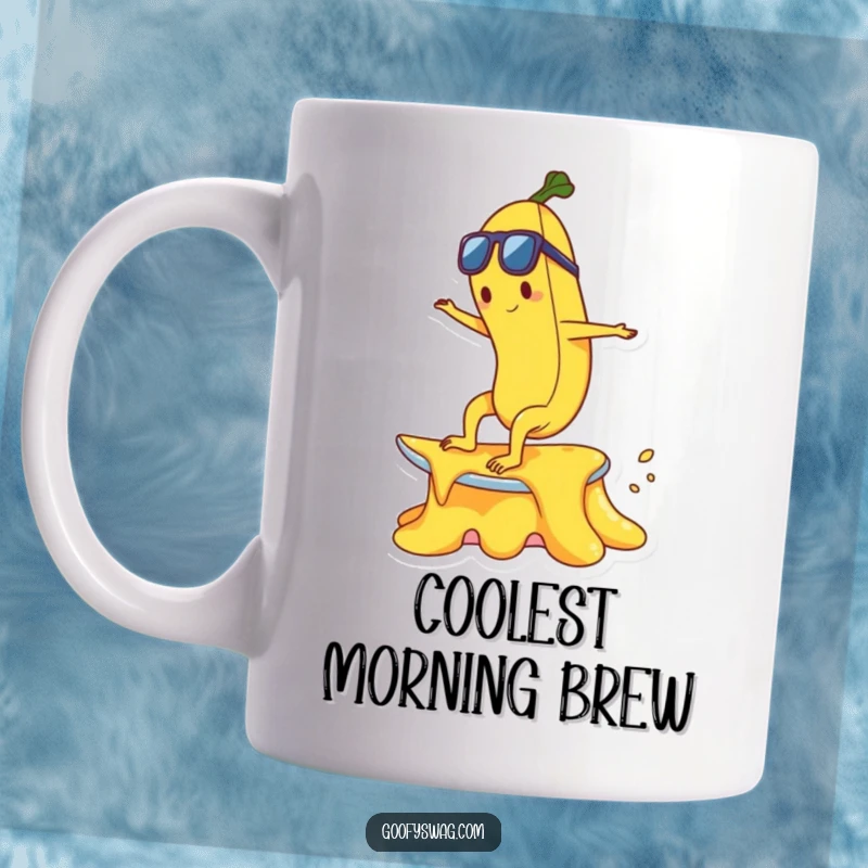 Funny happy banana character surfing on a melting ice cream cone on a ceramic mug, symbolizing summer fun.