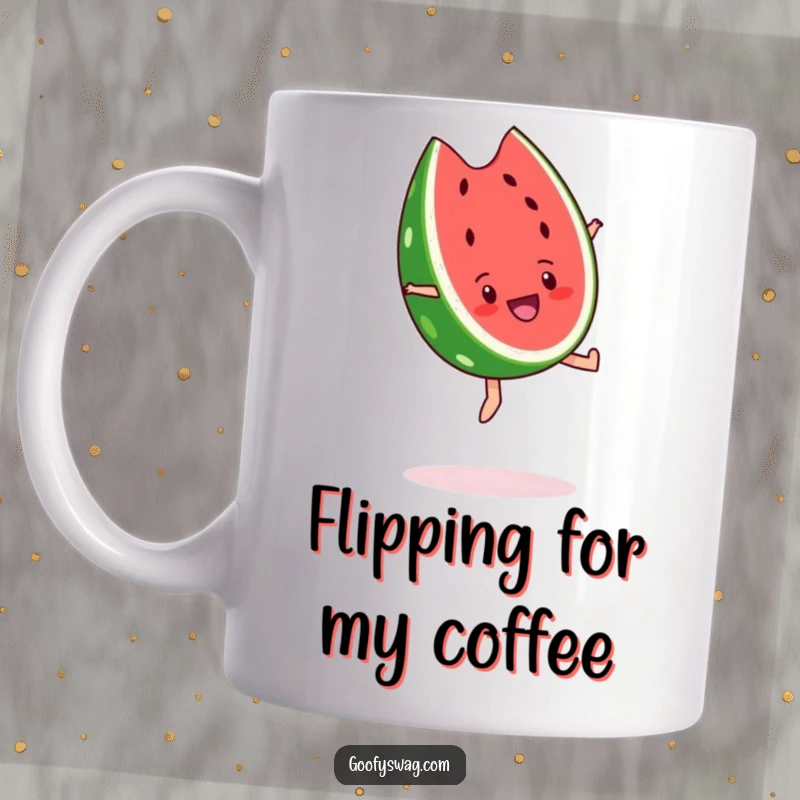 Funny cheerful watermelon slice mug doing a dynamic backflip with an exaggerated expression of pure glee and joy.