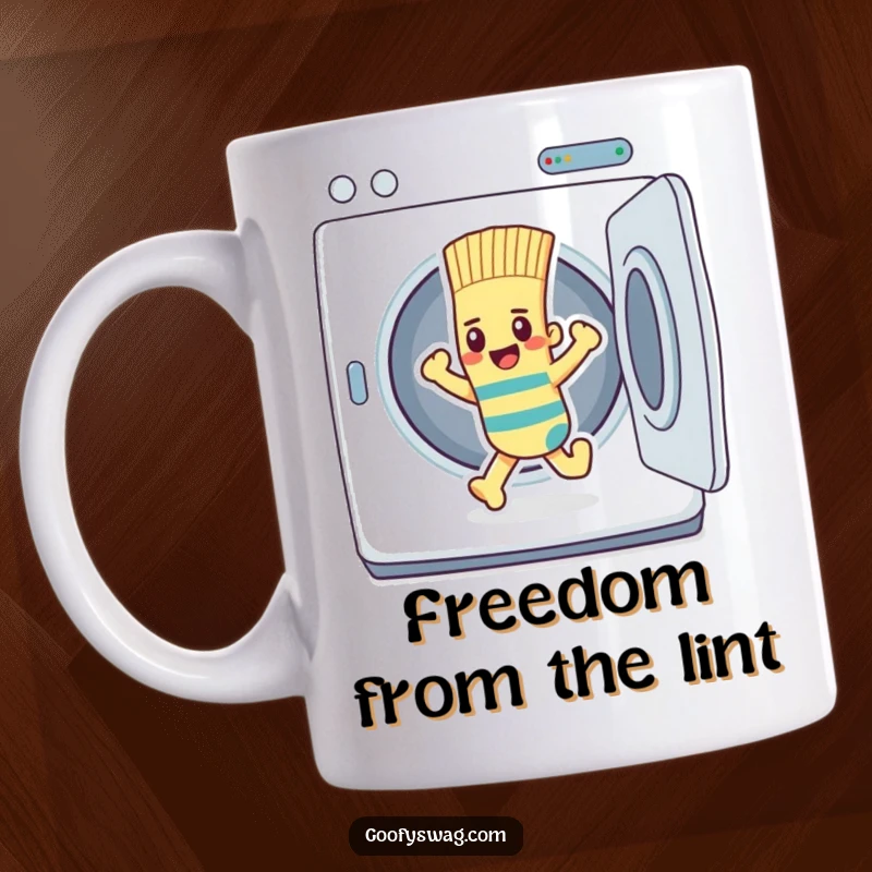 Funny sock character confidently escaping a dryer on a mug, perfect for laundry humor lovers.