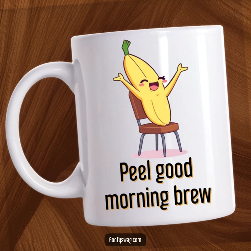 Funny Banana Peel Mug winking mischievously while doing a dramatic backflip off a chair, embodying comical energy.