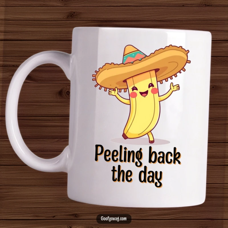 Funny mug featuring a banana peel dressed in a colorful sombrero, energetically dancing the cha-cha with a mischievous grin.