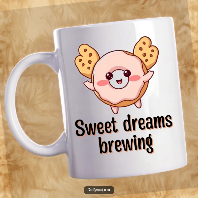 Funny Donut Mug with cookie wings, looking shy and blushing, attempting to fly with determination.