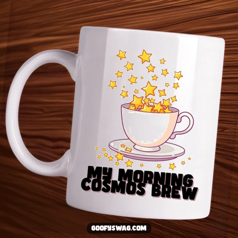 Funny Mug featuring a teacup dramatically spilling a shower of glowing stars, creating a dazzling cosmic effect.