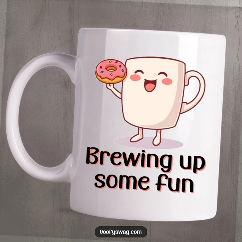 Funny Coffee Mug: A dancing coffee mug balances a tiny donut on its rim, full of cheerful energy.