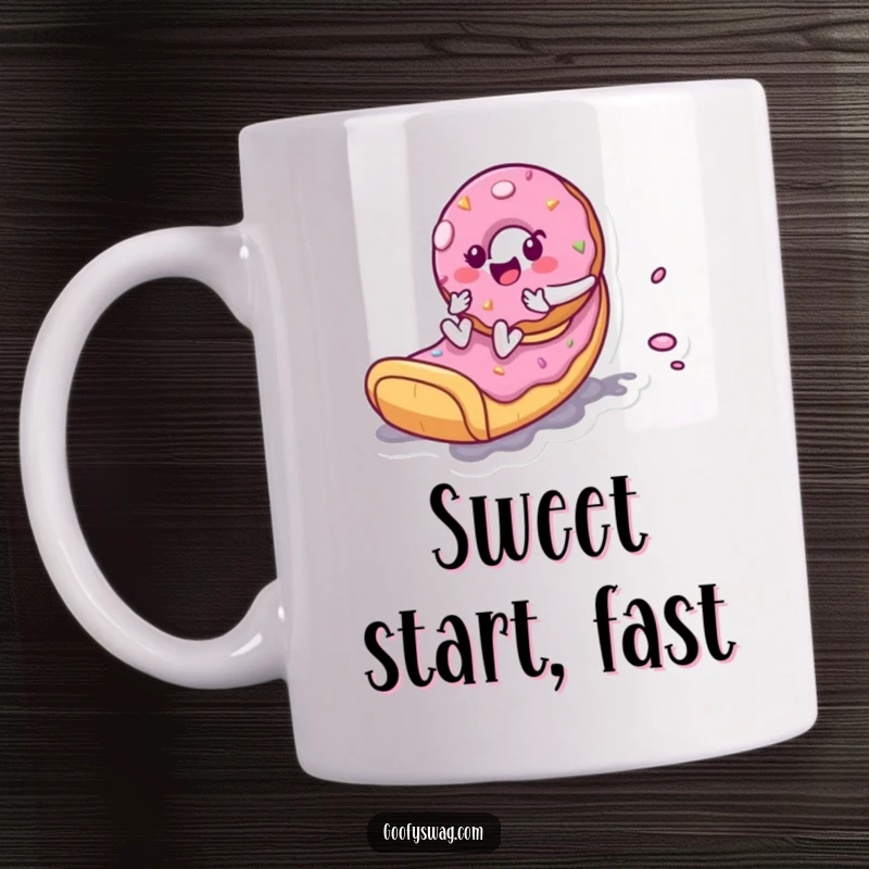 Funny Donut Slide Mug: A playful donut character happily zooms down a slide made entirely of frosting, full of joy.