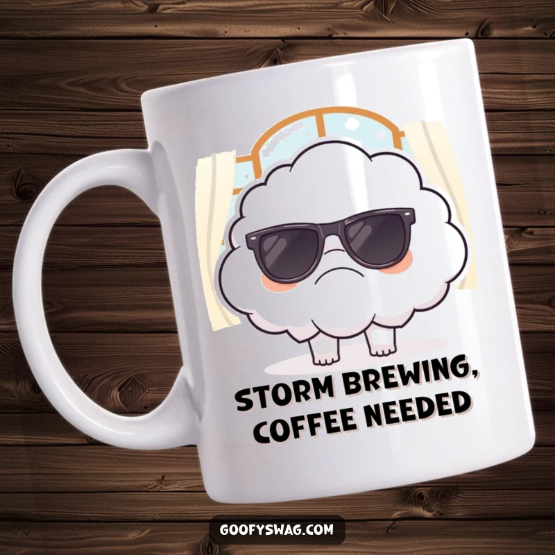 Funny mug featuring a grumpy cloud attempting to wear oversized sunglasses indoors, looking utterly unimpressed and out of place.