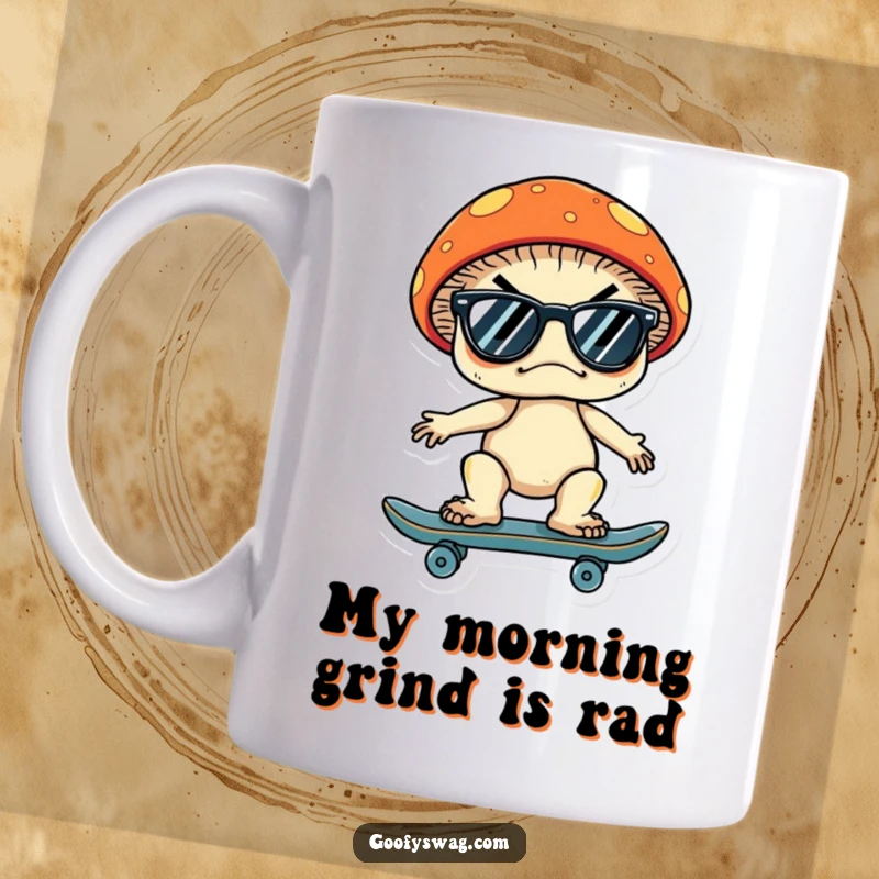 Funny mug featuring a grumpy mushroom wearing sunglasses, expertly riding a skateboard with a cool and rebellious vibe.