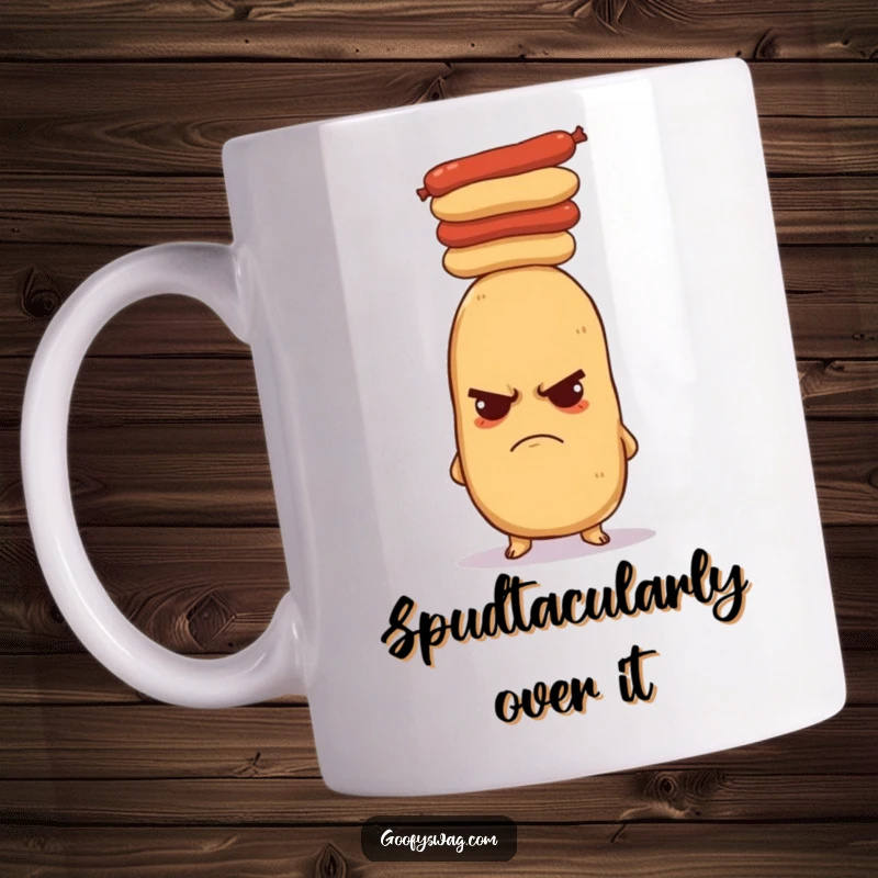 Funny grumpy potato mug, attempting to balance a tall stack of hot dogs precariously on its head, expressing comical frustration.