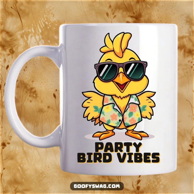 Funny cheerful rubber chicken wearing sunglasses and a Hawaiian shirt, looking relaxed and ready for fun.