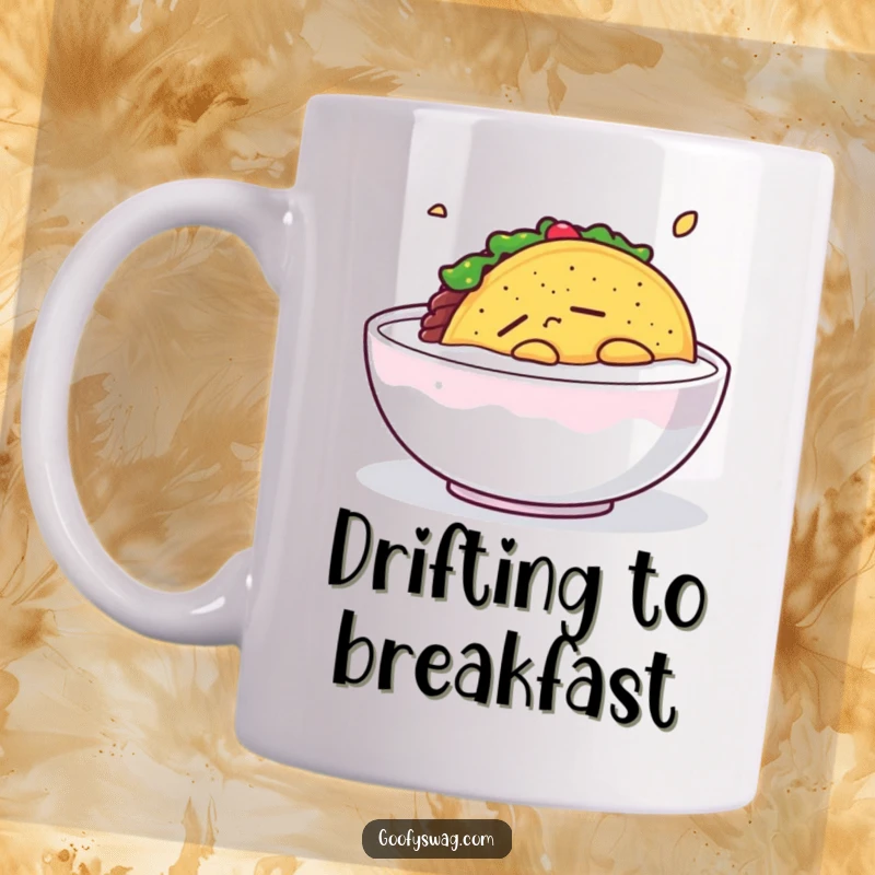Funny Sleepy Taco Mug: A cute taco peacefully floats in a bowl of milk, looking incredibly sleepy and content.