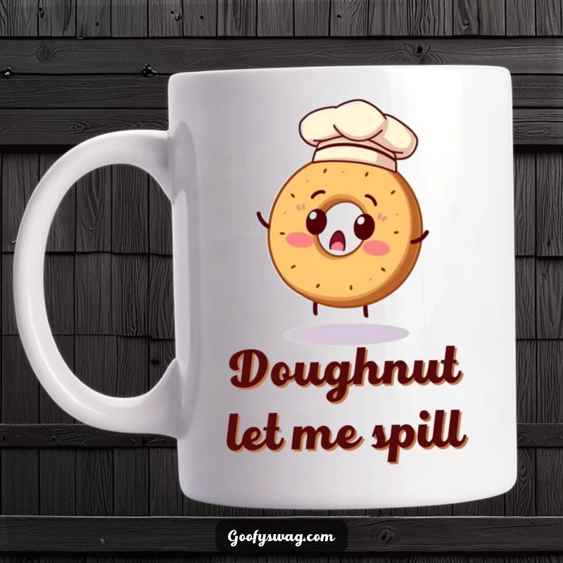 Funny mug shows a surprised bagel in a chef hat attempting a flip, mid-disaster, bringing kitchen comedy.