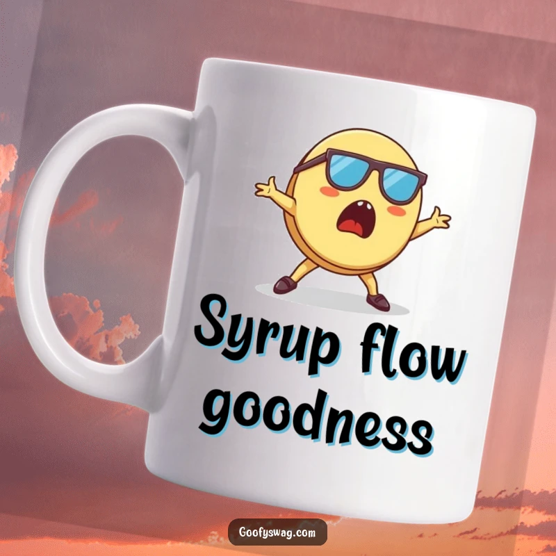 Funny Pancake Mug with tiny sunglasses, looking surprised while attempting a breakdancing move, pure breakfast absurdity.