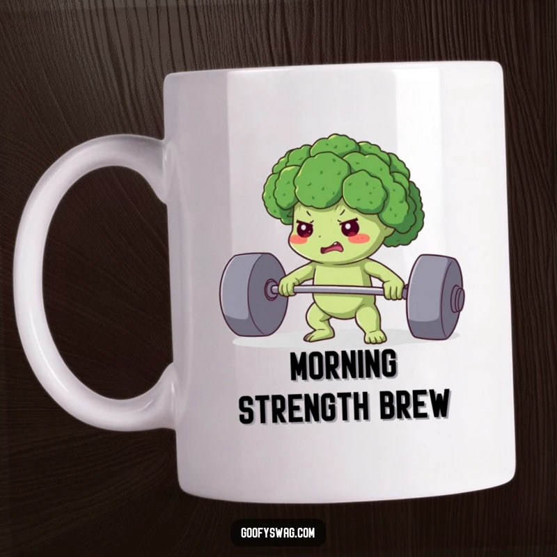 Funny mug showing a determined broccoli floret straining to lift a very heavy weight, symbolizing strength and healthy effort.