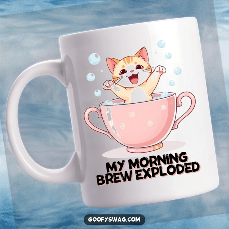 Funny cat leaping startled from a giant teacup overflowing with bubbles, a hilarious and relatable scene for coffee lovers.