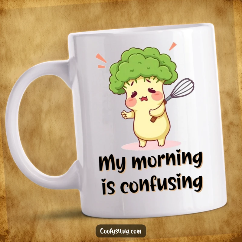 Funny mug showcasing a confused broccoli floret comically hugging a kitchen whisk, perfect for chefs and foodies seeking humor.