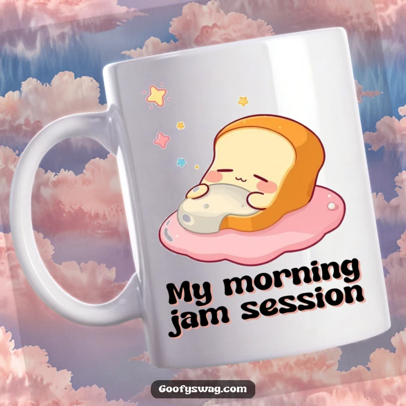 Funny mug featuring a sleepy, adorable bread loaf with closed eyes, dreaming of floating in a pool of jelly, a perfect cozy gift.