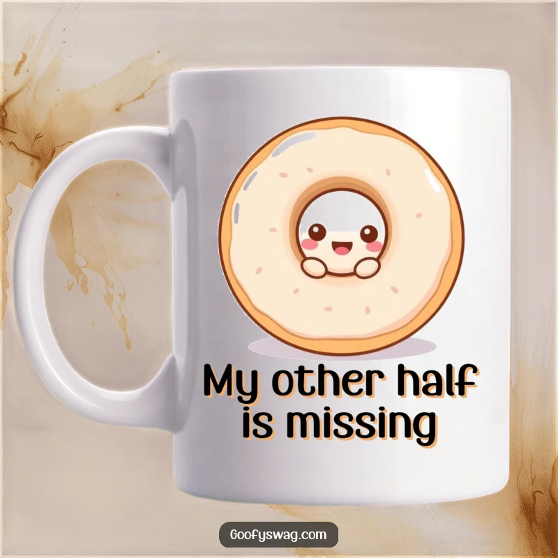 Funny doughnut mug showing a smaller, curious doughnut peeking from the hole of a larger doughnut, a playful and sweet design.