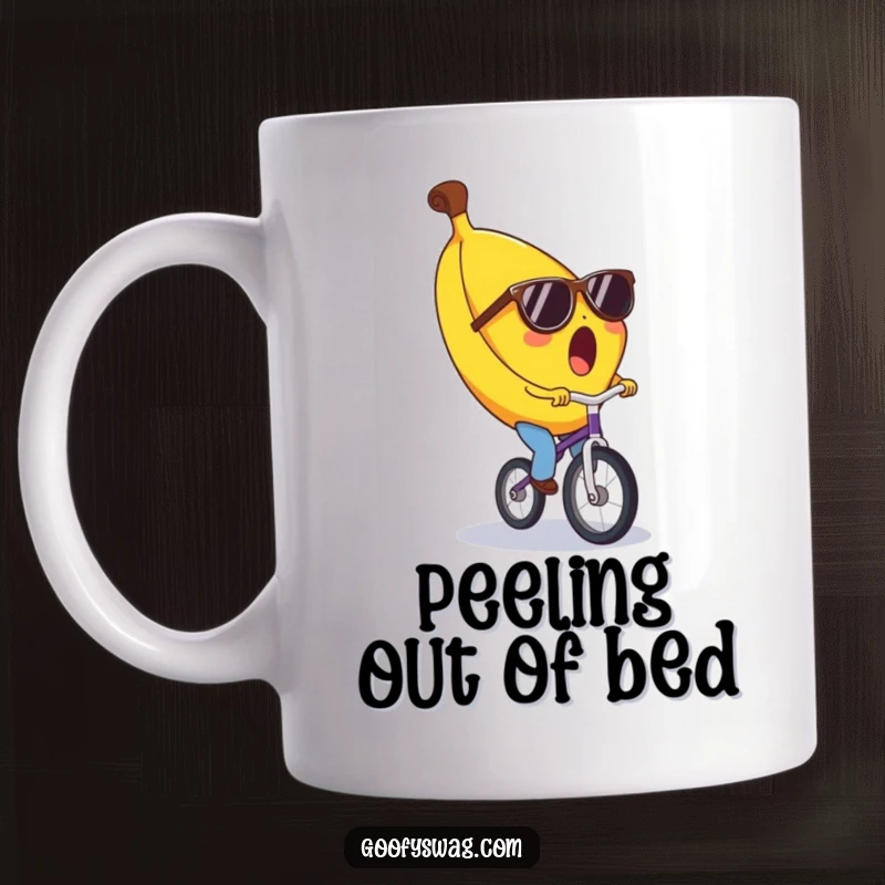 Funny banana mug with a surprised expression, wearing tiny sunglasses while skillfully riding a unicycle, perfect for a laugh.