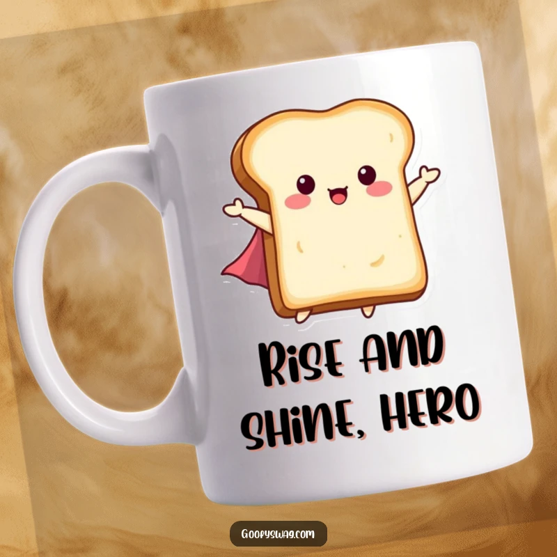 Funny Flying Toast Mug: A slice of toast heroically flying with a tiny cape, bringing breakfast-themed humor and adventure.