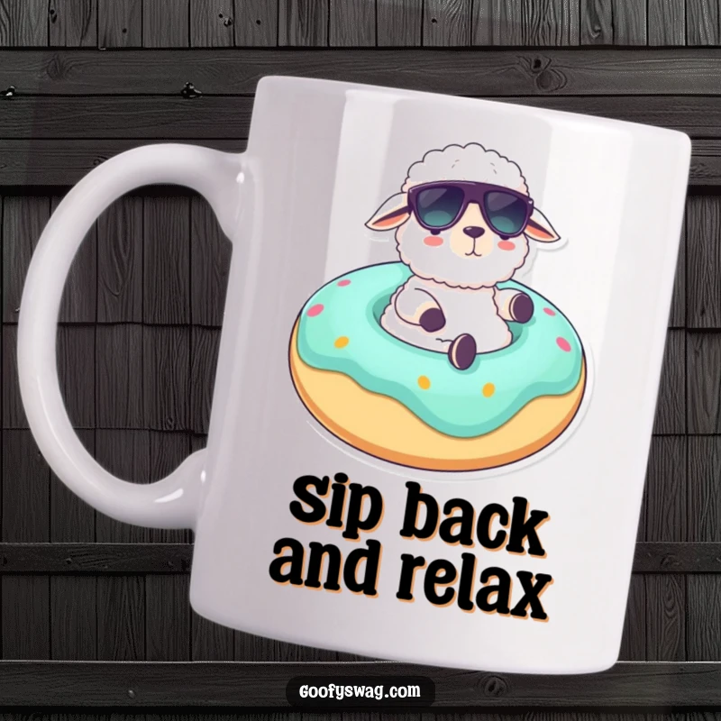 Funny mug featuring a fluffy sheep wearing sunglasses, lounging relaxed on a giant donut float, symbolizing ultimate vacation and chill vibes.