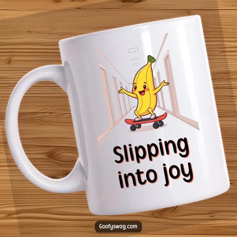 Funny mug featuring a delighted banana peel comically skateboarding down a hallway, embodying pure, slippery fun.