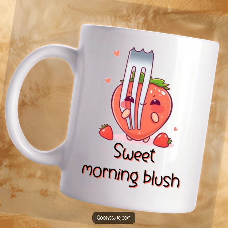 Funny Strawberry Fork Mug: A blushing strawberry tries to hide behind a comically large fork, looking shy and adorable.