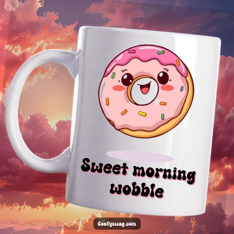 Funny mug showing a wobbly jelly doughnut precariously balancing on a single bite, symbolizing sweet struggles.