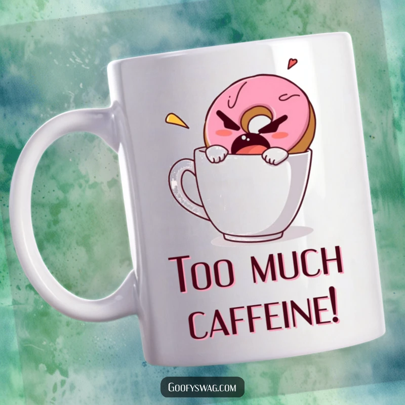 Funny mug showing a grumpy donut comically escaping a coffee mug at high speed, capturing a relatable morning mood.