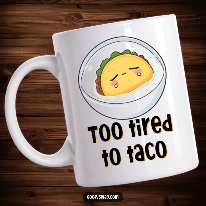 Funny mug with a sleepy taco floating serenely in a bowl of milk, dreamlike and humorous breakfast scene.
