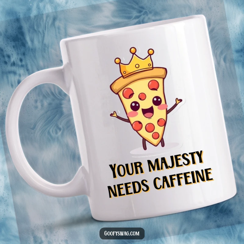 Funny proud pizza slice character wearing a tiny crown on a humorous mug.