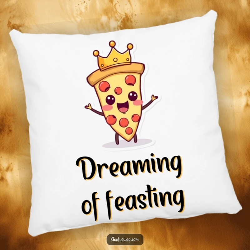 Funny proud pizza slice character wearing a tiny crown, depicted on a soft and humorous decorative pillow.