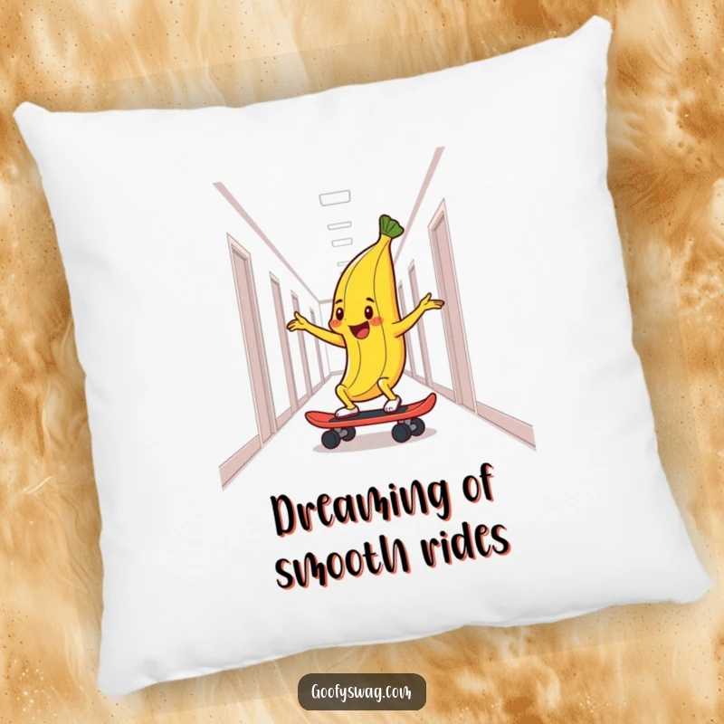 Funny pillow featuring a delighted banana peel skateboarding down a hallway, a humorous and cozy accent for sofas and beds.