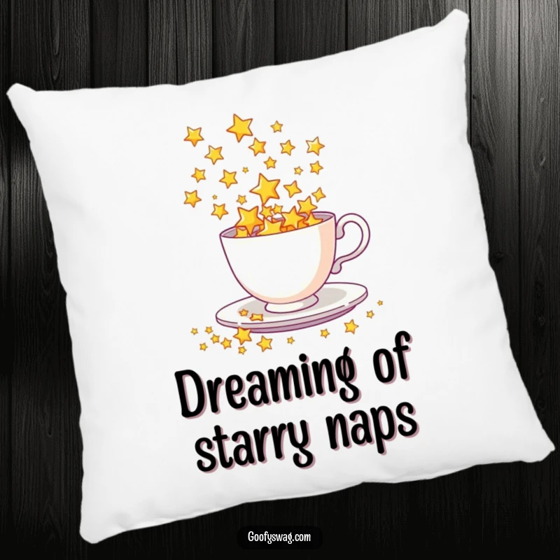 Funny Pillow with a charming teacup spilling a vibrant shower of stars, offering soft, cosmic-themed comfort.