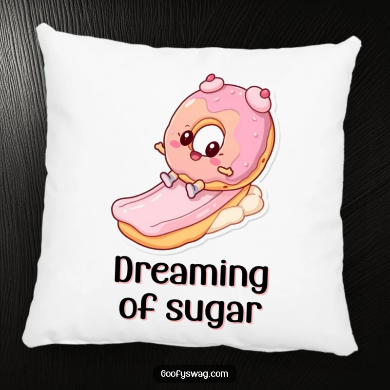 Funny and soft pillow featuring a donut character sliding down a frosting slide, creating a humorous and sweet ambiance.