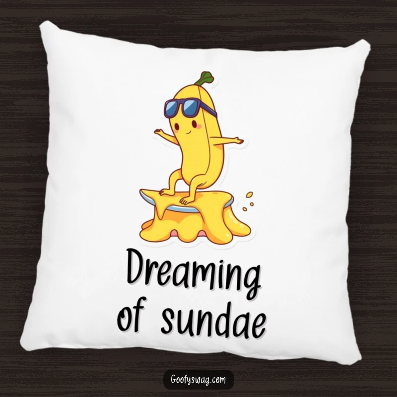 Funny happy banana character surfing on a melting ice cream cone on a soft decorative pillow.