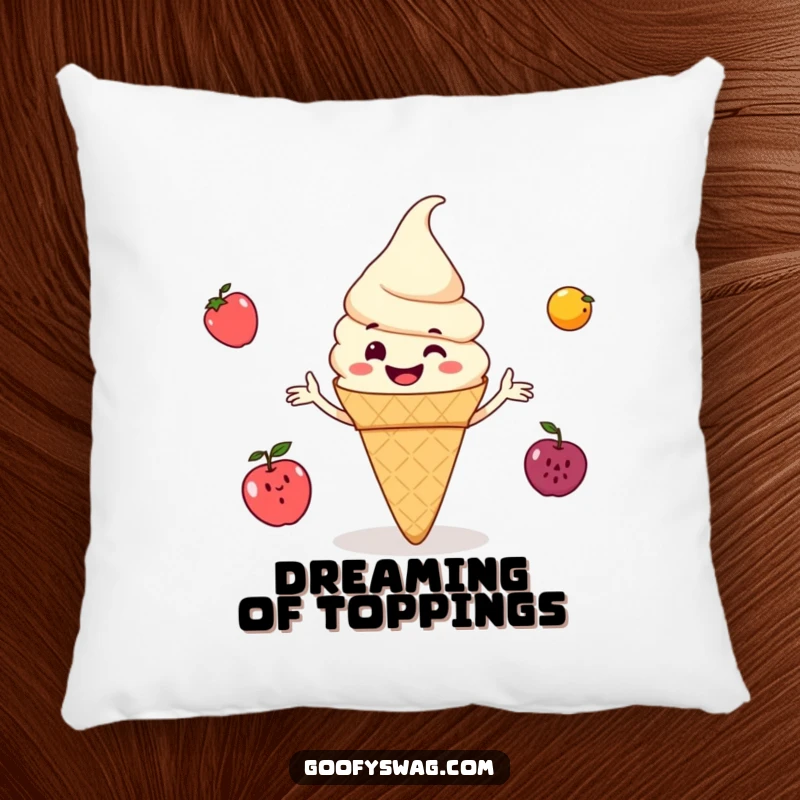 Funny ice cream cone grinning and juggling small fruits, a soft and decorative pillow that’s sweet, charming, and wonderfully humorous.