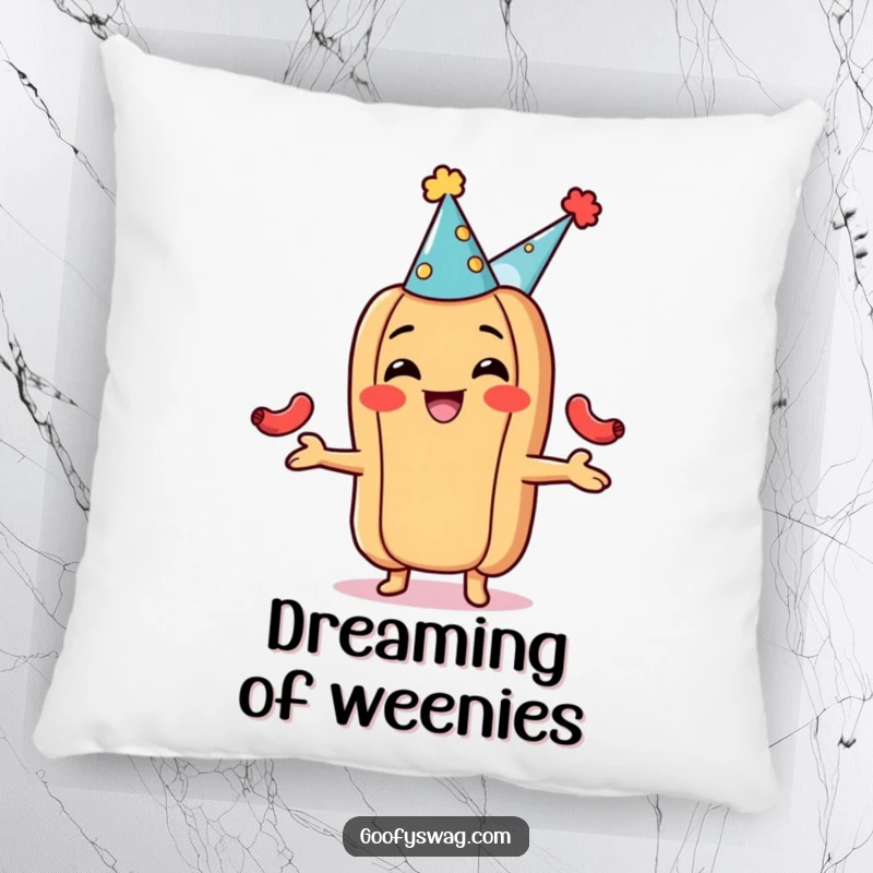 Funny hot dog pillow, wearing a party hat and juggling small sausages. Soft, decorative, and humorously festive.
