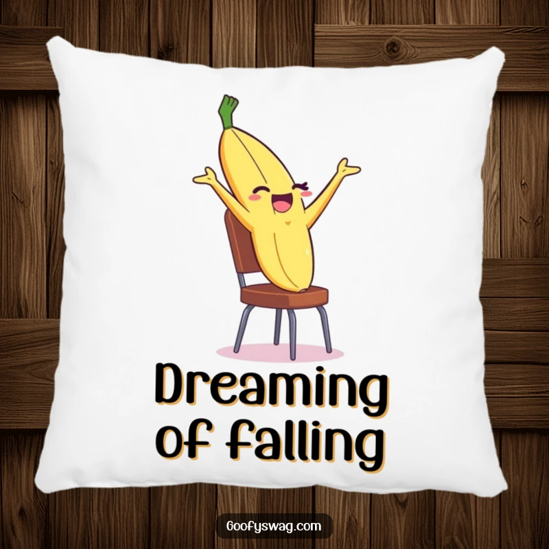 Funny Banana Peel Pillow showing a winking peel dramatically backflipping off a chair, soft and hilariously dynamic.